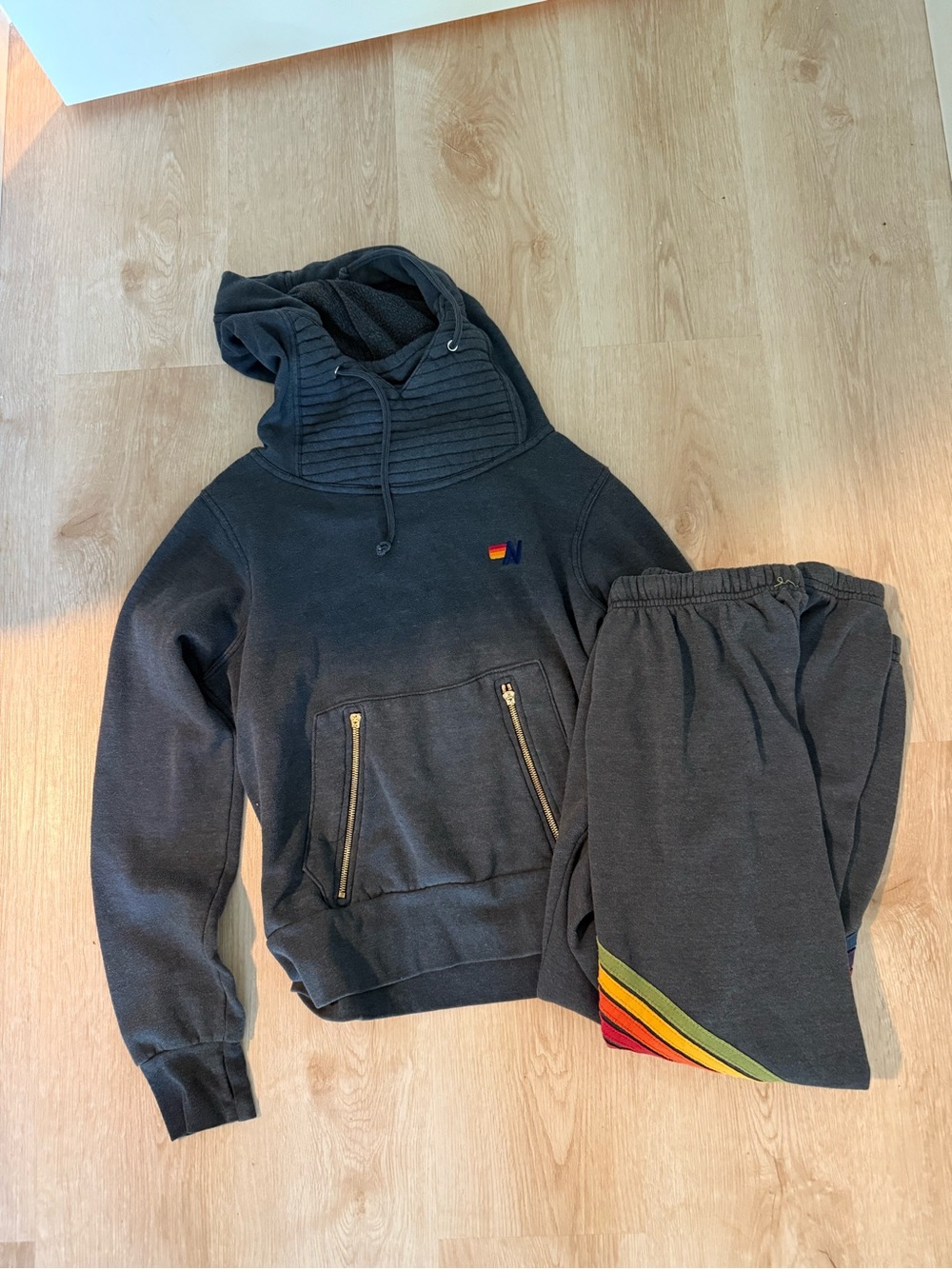 Aviator nation $400 set Charcoal Hoodie & Jogger Set with Rainbow Stripe - Picture 2 of 14